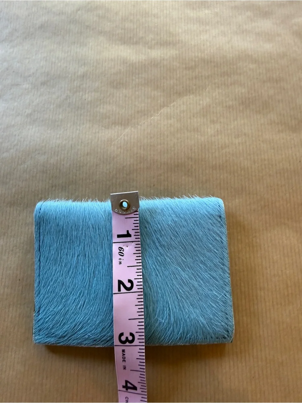 Blue Faux Fur Compact Leather Wallet